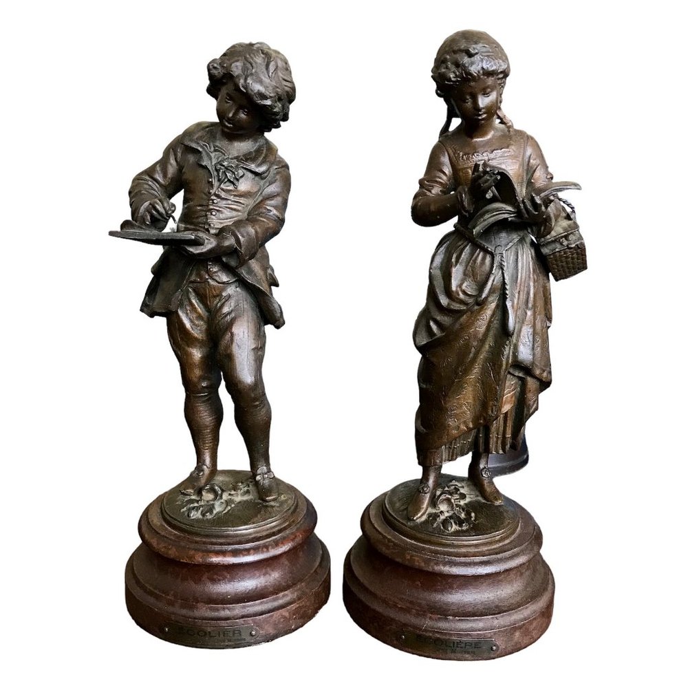 19th Century Romantic Pair of August Moreau Écoliers (students) Sculptures